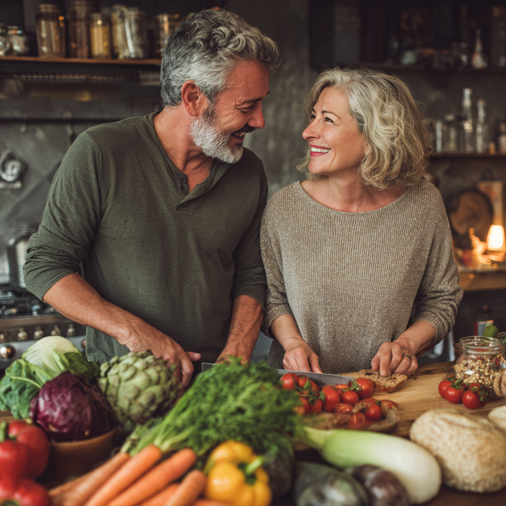 Healthy mature couple cooking together in their kitchen, smiling while preparing nutritious meals with fresh vegetables and whole grains