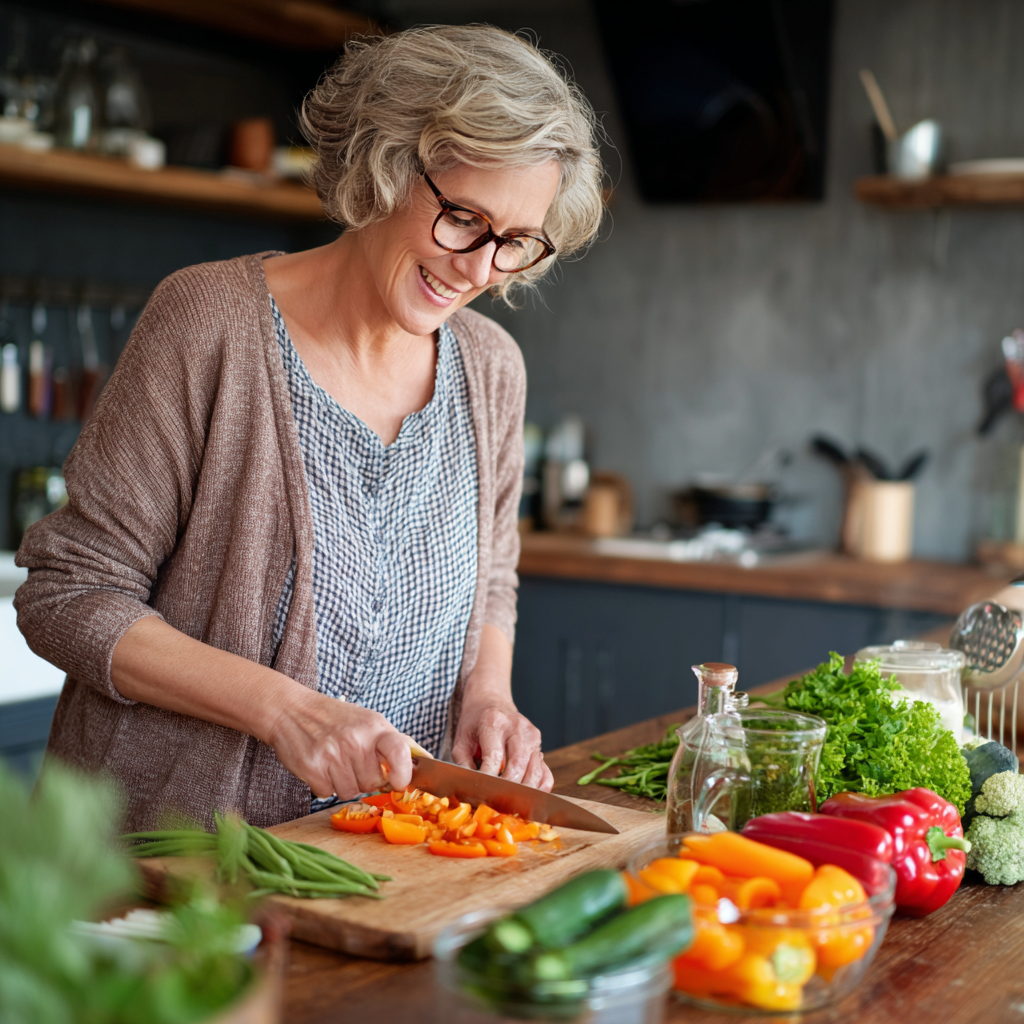 Middle-aged woman preparing fresh vegetables in a modern kitchen, smiling while organizing colorful ingredients for meal preparation